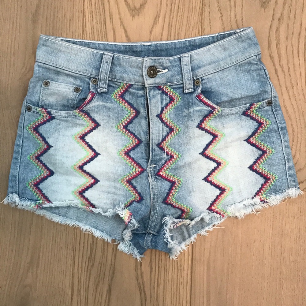 Embroidered High Waisted Jean Shorts